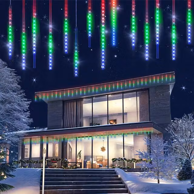 Kolorowe lampki choinkowe LED Monzana Deszcz Meteorów RGB w kolorach białym, niebieskim i wielobarwnym z efektem spadających kropel i soplek IP44