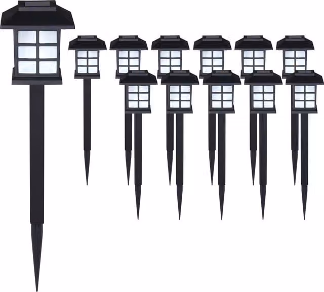 Zestaw 12 sztuk czarnych lamp solarnych LED monzana® z czujnikiem zmierzchu do ogrodu, na taras lub balkon, światło zimne białe