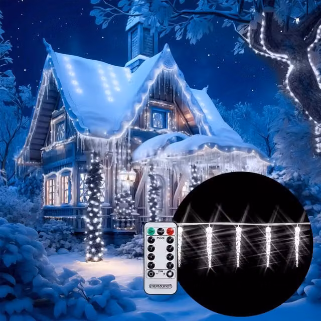 Lampki choinkowe LED Monzana® Sople w kolorze białym z pilotem i timerem, 80 sztuk