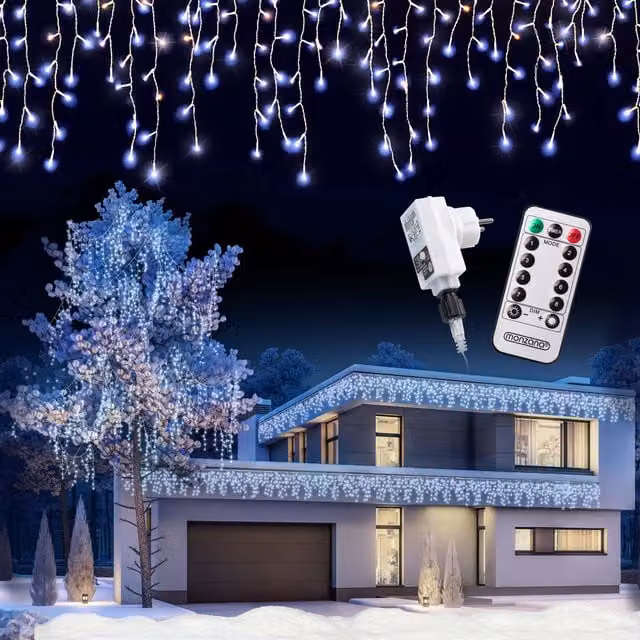 Lampki świąteczne LED Monzana Icicle 600 sztuk Zimna Biel z pilotem i timerem, do użytku wewnątrz i na zewnątrz