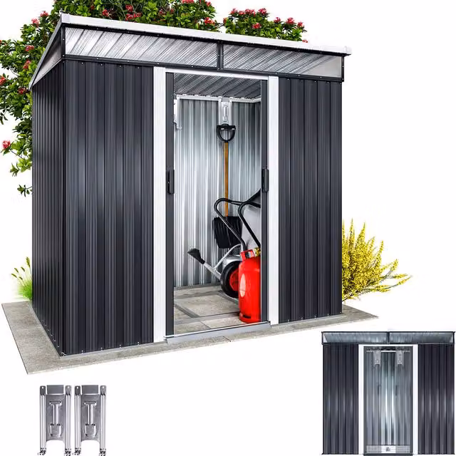 Szopa ogrodowa Gardebruk antracyt metalowa z oknem i przesuwnymi drzwiami W x S x G: 200 x 125 x 180 cm