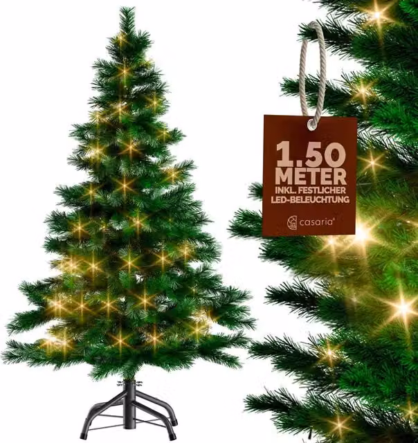 Sztuczna choinka Casaria z ciepłymi białymi lampkami LED, zielona, PVC, wysokość: 150 cm
