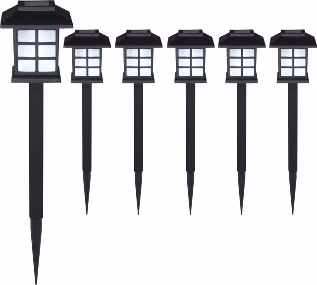 Zestaw 6 czarnych lamp solarnych LED monzana® z czujnikiem zmierzchu do ogrodu, tarasu i na ścieżkę, oświetlenie typu lanterna w kolorze białym, IP44