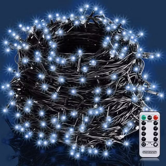 Lampki choinkowe LED Monzana 200 sztuk, Zimna Biel, 20 m, z pilotem i timerem, ściągalne