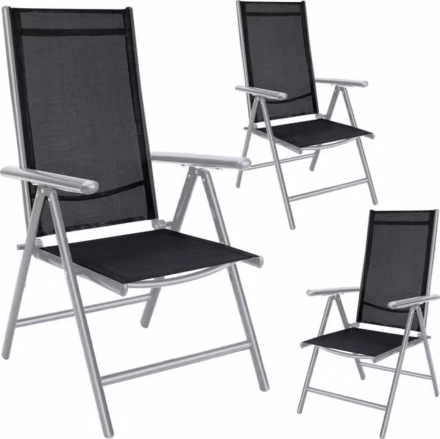 Zestaw 3 składanych krzeseł ogrodowych Casaria z podłokietnikami, aluminium malowane proszkowo, materiał textilene, kolor srebrny matowy