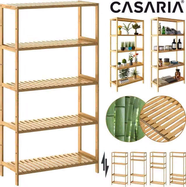 Regał łazienkowy CASARIA z 5 regulowanymi półkami, bambusowy, brązowo-beżowy, W: 130 cm, S: 60 cm, G: 26 cm