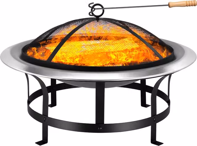 Kominek ogrodowy Gardebruk® Fire Bowl ze stali nierdzewnej w kolorze czarnym i srebrnym z osłoną iskier, Średnica: 75 cm
