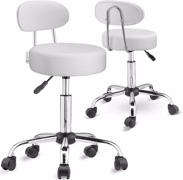 Zestaw 2 obrotowe stołki na kółkach Casaria® z oparciem, białe, tapicerowane ekoskórą