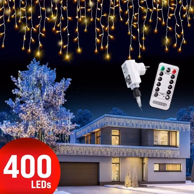 Lampki świąteczne LED Monzana 400 sztuk, kształt sople, kolor ciepła biel, z pilotem, timerem i funkcją ściemniania, do użytku wewnątrz i na zewnątrz (IP44)
