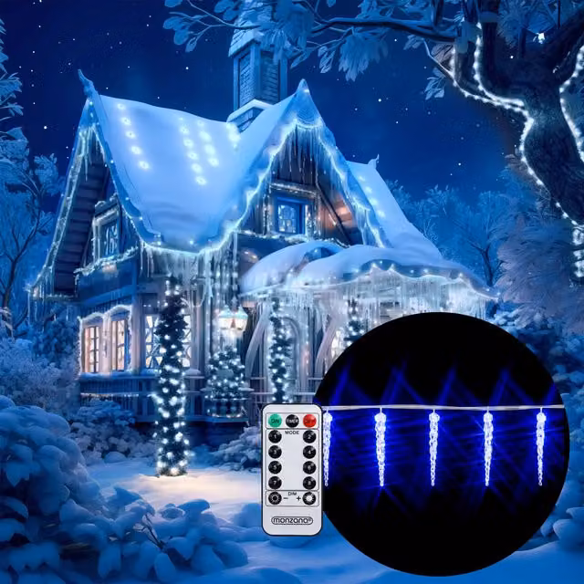 Niebieskie lampki LED Sople Monzana z pilotem, 80 sztuk, 8 trybów świecenia, IP44