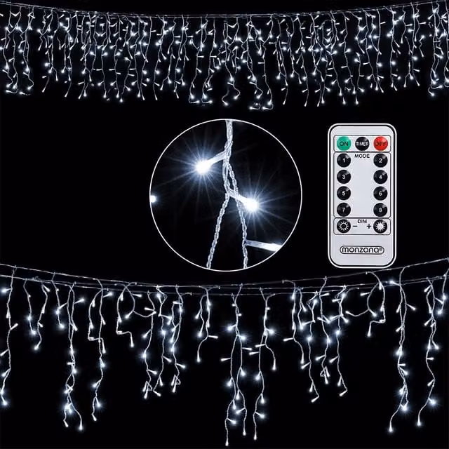 Lampki świąteczne LED Monzana 200 sztuk, Zimna Biel, Typ Icicle/Drop, z Pilotem i Timerem, IP44