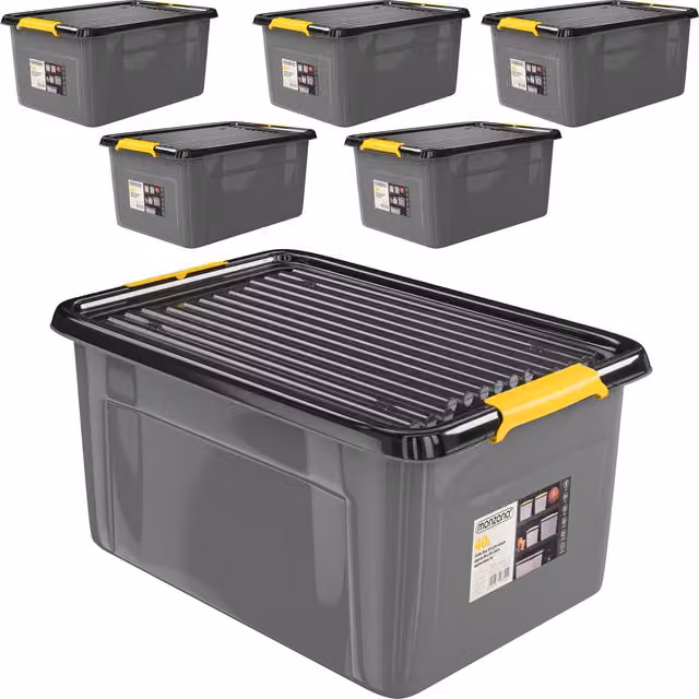 Zestaw 6 plastikowych pudełek do przechowywania monzana® w kolorach szarym, antracytowym i żółtym z pokrywami, możliwość sztaplowania, S/G/W: 39 x 39 x 25 cm