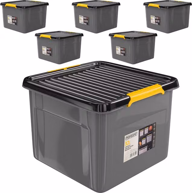 Zestaw 6 plastikowych pudełek do przechowywania monzana® w kolorze szarym, antracytowym i żółtym z pokrywkami i uchwytami, możliwość sztaplowania, W x S x G: 26 x 39 x 39 cm
