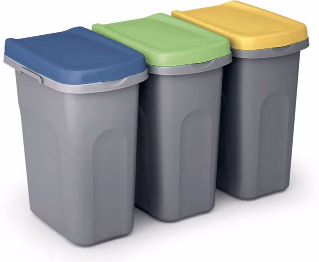 Zestaw 3 plastikowych pojemników na odpady Casaria o pojemności 25 l w kolorach szarym, żółtym, zielonym i niebieskim z pokrywą typu flip lid i dozownikiem worków