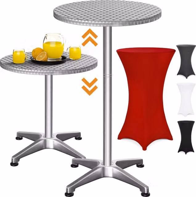 Srebrny stół barowy Casaria z regulowaną wysokością i czerwonym pokrowcem Ø60 cm, W x S x G: 115 x 60 x 60 cm