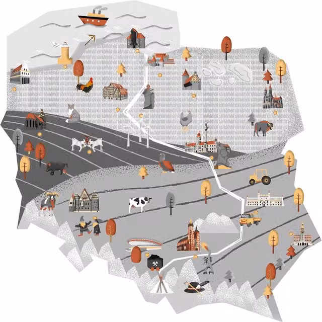 Naklejka ścienna mapa Polski Yellowtipi, szara i wielokolorowa, wykonana z tworzywa sztucznego