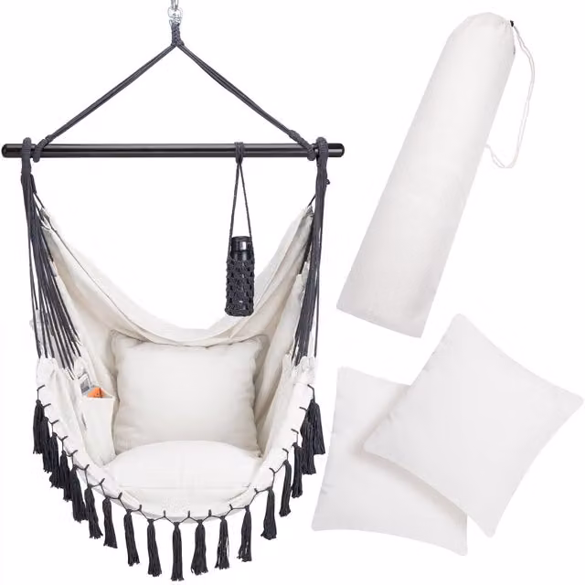 Krzesło wiszące Detex w stylu boho z uchwytem na kubek, kolor beżowy, W x S x G: 170 x 100 x 150 cm