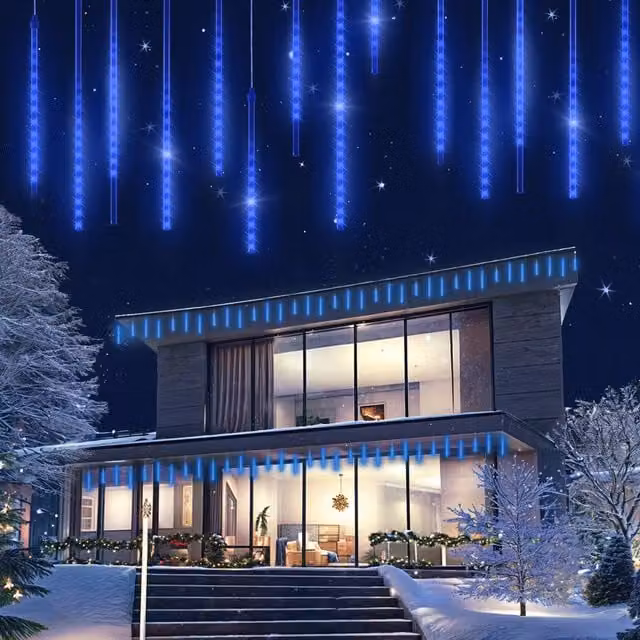 Niebieskie lampki choinkowe LED monzana® efekt deszczu meteorów i sople, biało-niebieskie