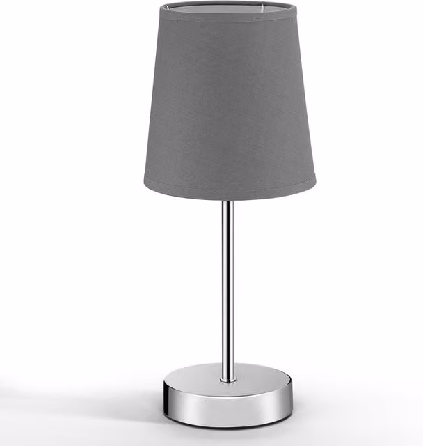 Lampa stołowa Monzana w kolorze szarym z chromowanymi elementami i materiałowym abażurem